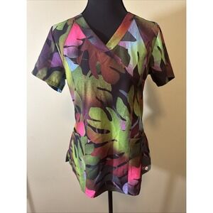 Barco One Women's Small‎ Multicolor Palm Leaves Nurse Medical Scrub Top 3 Pocket